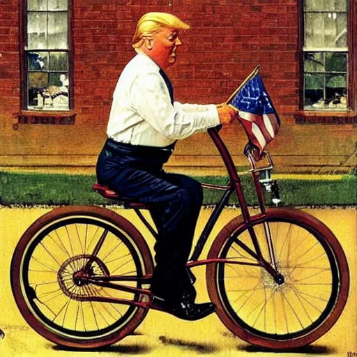 Prompt: Donald Trump riding a penny-farthing, painted by Norman Rockwell