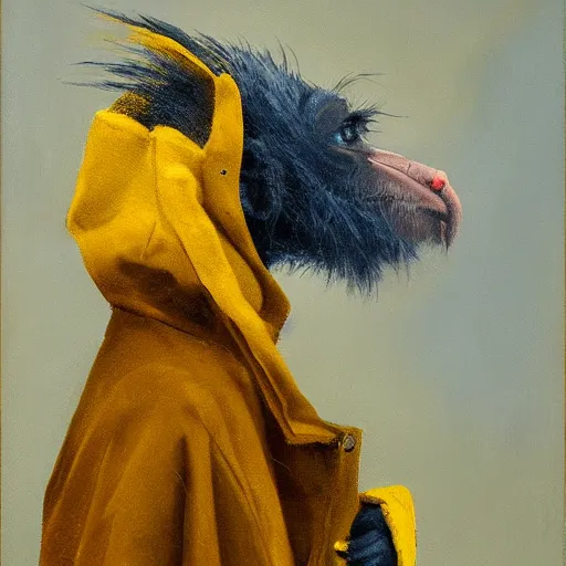 Prompt: long - eared monkey - crow creature wearing a raincoat, tonalist painting, prussian blue and yellow ochre, dramatic lighting