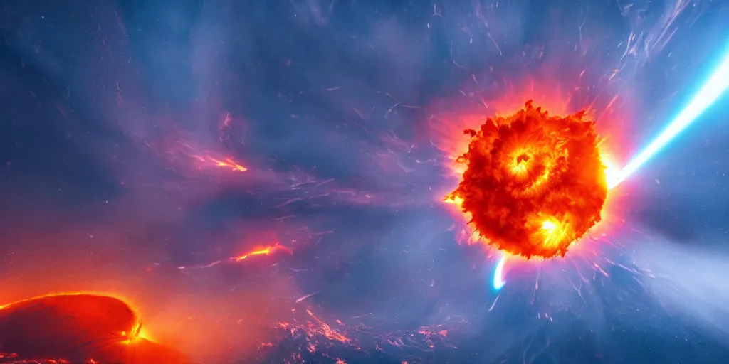 Prompt: inside a solar flare storm within looking from space at exploding volcano in middle of the sea, unreal engine, loish, rossdraws, night lighting, highly detailed, 8 k, octane render