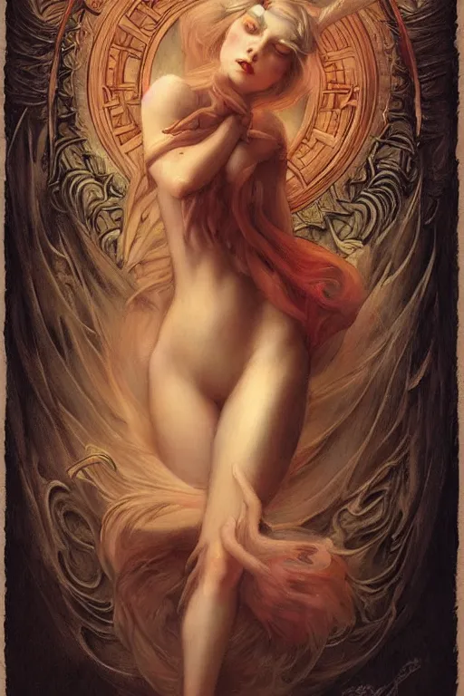 Image similar to Devil by Tom Bagshaw in the style of Gaston Bussière, art nouveau, art deco