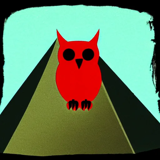 Prompt: an owl on the top of pyramid, darkest night, red eyes glowing, illustration, alan moore, watchmen, colorful, less saturation, grain, noise, avant garde, nft style, circle frame, rose black frame, coin look a like