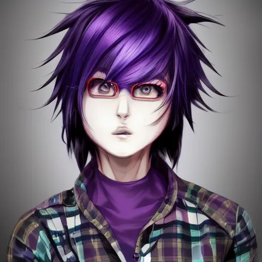 Prompt: full headshot portrait of anime woman with purple pixie cut mohawk punk, digital art, drawn by WLOP, by Avetetsuya Studios, anime manga panel, trending on artstation, wearing a plaid shirt