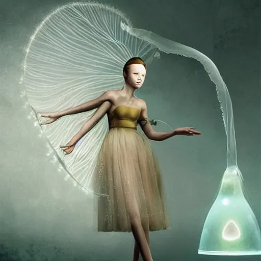 Prompt: a luminous jelly fish armor. soft. fragile. by ray caesar. by louise dahl - wolfe. by andrea kowch. surreal photography