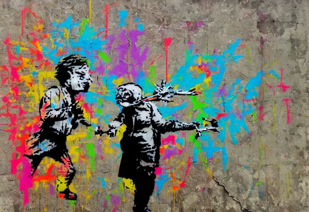 Image similar to full color banksy graffiti anti art, rage against the status quo, detailed, realistic, glitch art effect