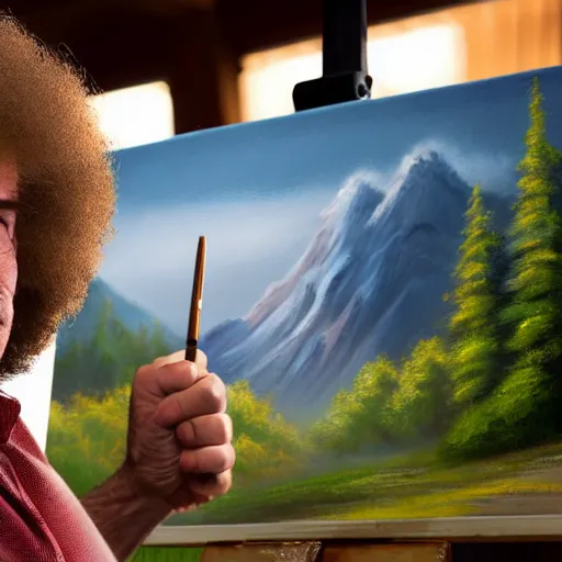 Prompt: a closeup photorealistic photograph of bob ross diligently completing a canvas painting with iron man on the canvas. mountains and trees. film still. brightly lit scene. this 4 k hd image is trending on artstation, featured on behance, well - rendered, extra crisp, features intricate detail, epic composition and the style of unreal engine.