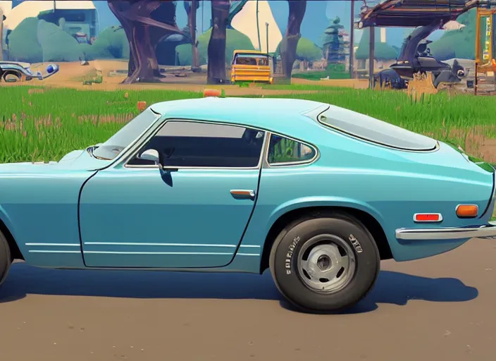 Image similar to a cartoon 1 9 7 0 datsun 2 4 0 z in fortnite, unreal engine