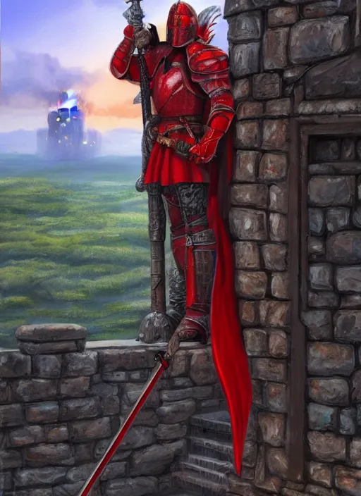 Image similar to A single Red Knight standing guard over the castle's gate, fantasy, artstation, highly detailed, 4k, digital painting, portrait by Larry Elmore