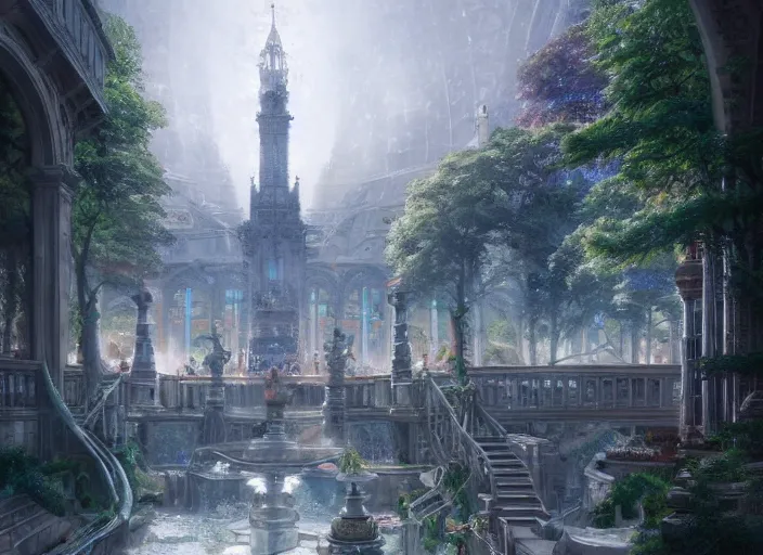 Image similar to A train subway inside a beautiful elven city made of white marble, anime, lush trees, fountain, statue, big clock, trains, a fantasy digital painting by Greg Rutkowski and James Gurney, trending on Artstation, highly detailed