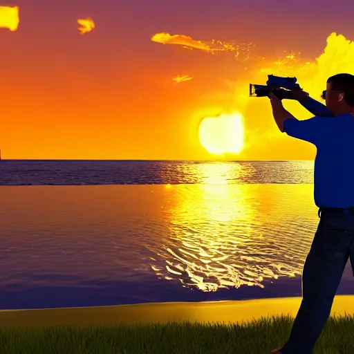 Image similar to a florida man shooting at the sun with a water gun, photorealistic, ultra detailed, high resolution, 8 k