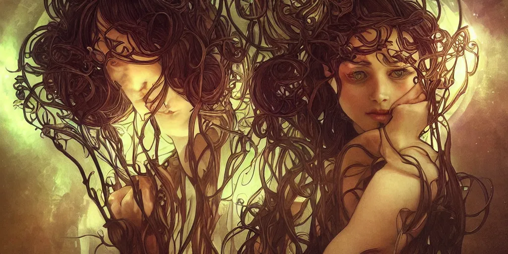 Prompt: scary plant people by artgerm, ominous nightmare, intense lighting, light beams, lens flare, intricate tendrils by alphonse mucha, elegant, highly detailed, digital painting, artstation, concept art, smooth, sharp focus, illustration, art by serpentigena and alphonse mucha