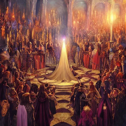 Prompt: Fantastic, fairytale painting, medieval, Beautiful, sorceress, long flowing red hair, intense glowing eyes, light emitting from fingetips, hovering, ornate gown, royalty, surrounded by a crowd of people, onlookers, kingdom, hyperrealistic, dungeons and dragons, painting