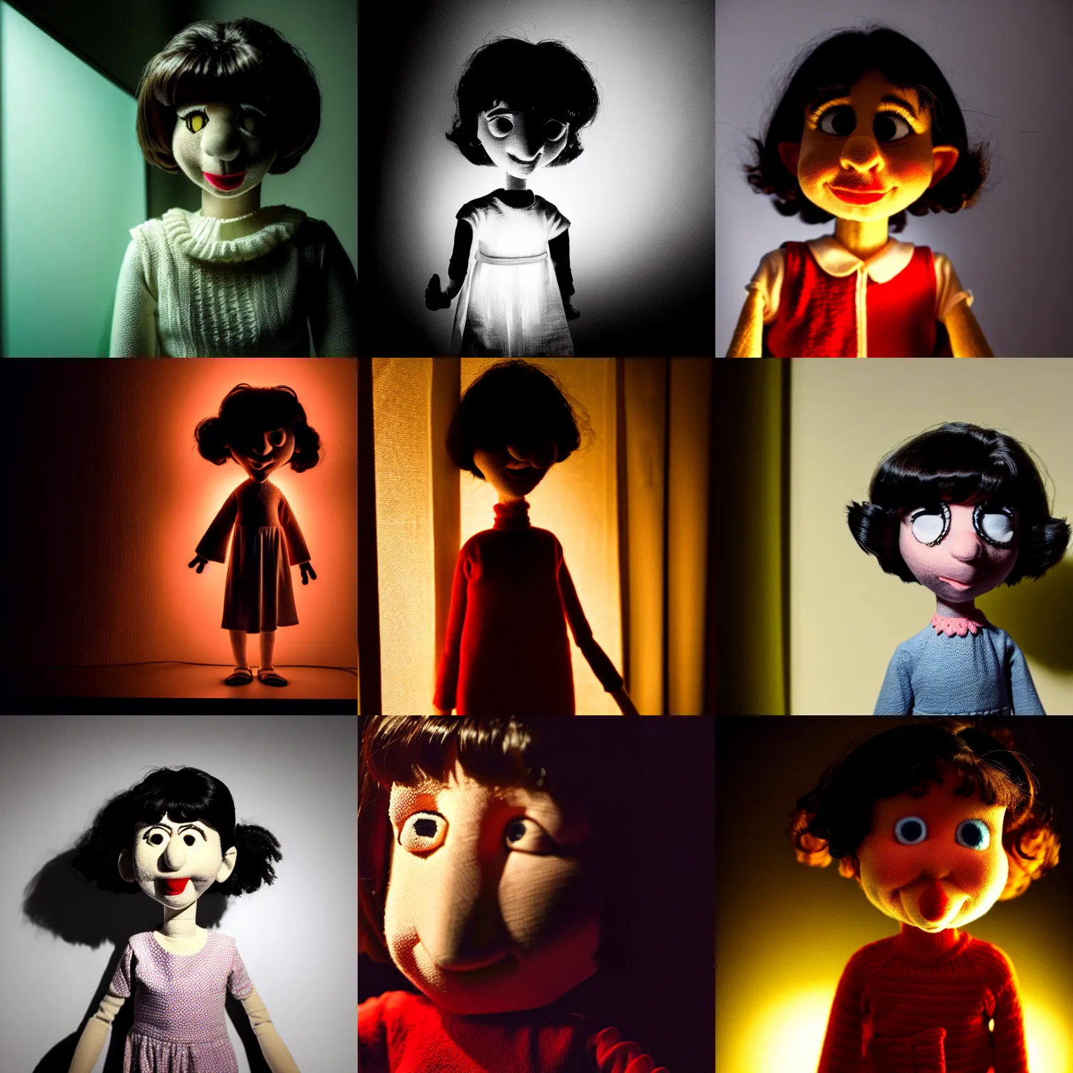 Prompt: photo of mafalda as a puppet in a dark room with a soft light on her head, realistic puppet, intricate detail, photorealistic, highly detailed, cinematic atmosphere, dramatic