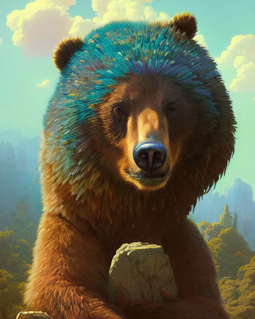 Image similar to highly detailed surreal vfx portrait of a stonepunk bear, stephen bliss, unreal engine, greg rutkowski, loish, rhads, beeple, makoto shinkai and lois van baarle, ilya kuvshinov, rossdraws, tom bagshaw, alphonse mucha, global illumination, detailed and intricate environment