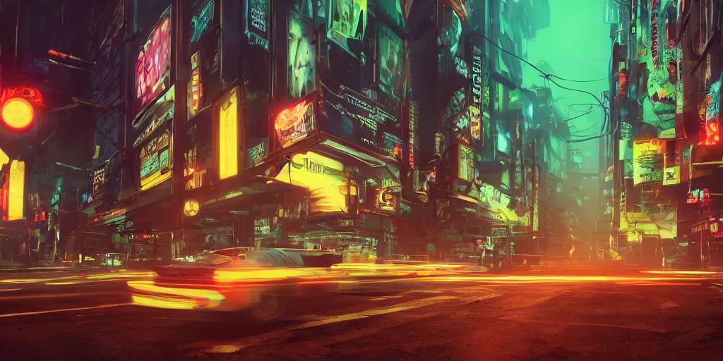 Image similar to a 3 d rendered in unreal engine guatemalan cyberpunk city with neon ads and signs with evocative dramatic mood with blade runner vibe with cars and floating vehicles with motion blur with depth of field with bloom with lightshaft with volumetric lights, fog, by jeremy mann, oscar winning graphics, photo realistic, bloom, imax, dynamic lighting, artstation,