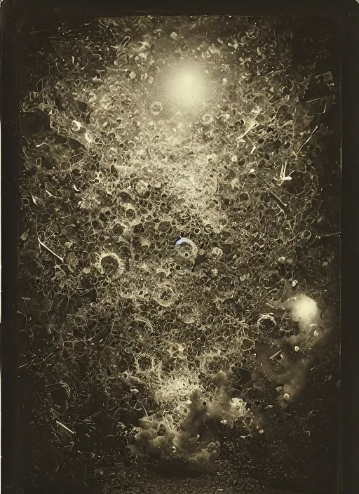 Image similar to old wetplate daguerreotype portrait of the imploding universe, explosion of data fragments, fractal, intricate, elegant, highly detailed, parallax, leica, medium format, subsurface scattering, by jheronimus bosch and greg rutkowski and louis jacques mande daguerre