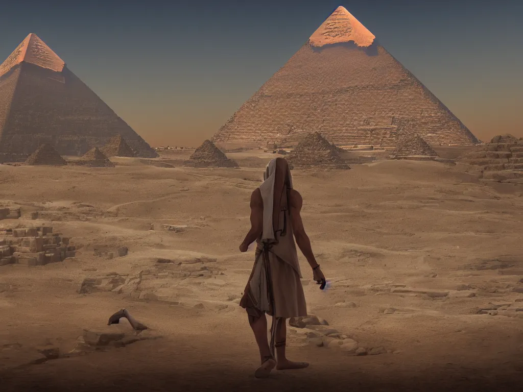 Image similar to photography of an egyptian god standing in front of the giza pyramid, fantasy ,volumetric lighting, intricate, elegant, hyperdetailed 3d matte painting, highly detailed, digital painting, artstation, smooth, sharp focus, illustration, art by Makoto Shinkai and artgerm, hyperrealism, hyperrealistic, cinematic masterpiece, fantasy style 8k ultrahd octane render