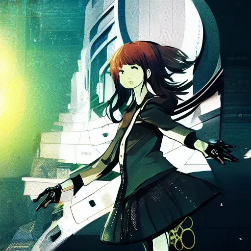 Image similar to Frequency indie album cover, luxury advertisement, golden filter, golden and black colors. A clean and detailed post-cyberpunk sci-fi close-up schoolgirl, she is very powerful, in asian city in style of cytus and deemo, mysterious vibes, by Tsutomu Nihei, by Ilya Kuvshinov, by Greg Tocchini, nier:automata, Yorda from Ico and Lain Iwakura, set in half-life 2, beautiful with eerie vibes, very inspirational, very stylish, with gradients, surrealistic, dystopia, postapocalyptic vibes, depth of field, mist, rich cinematic atmosphere, perfect digital art, mystical journey in strange world, beautiful dramatic dark moody tones and studio lighting, shadows, bastion game, arthouse