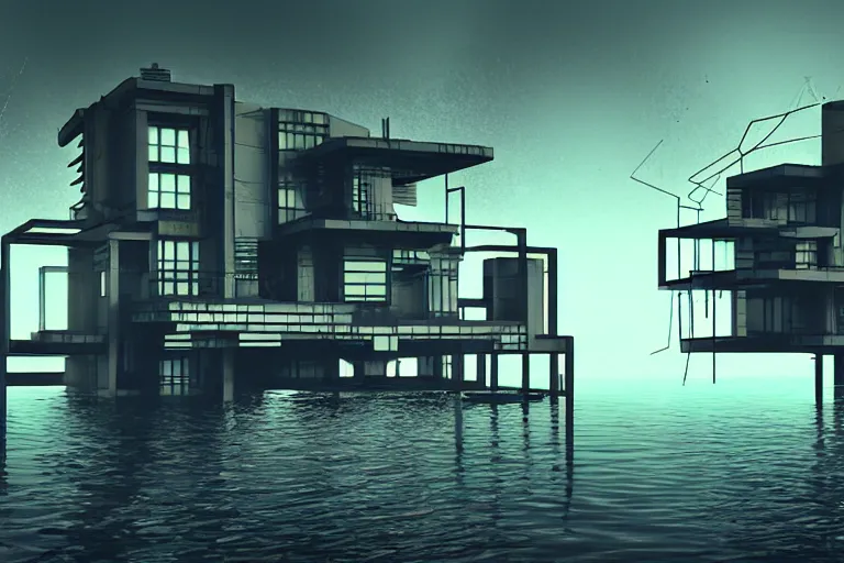 Image similar to distorted cyberpunk house in the lake, artwork by bauhaus, 4 k, 3 d ar vr art, metaverse concept art