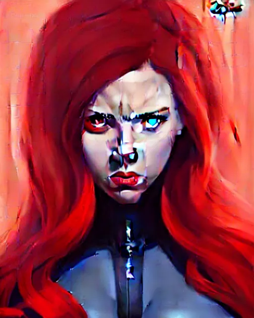 Image similar to peter mohrbacher, phil noto, artgerm, pretty scarlett johansson black widow, symmetrical eyes, long red hair