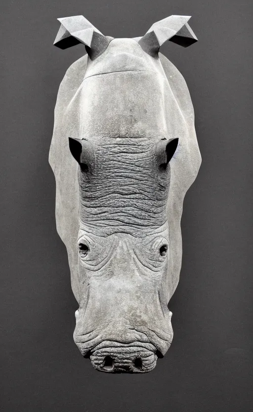 Image similar to rhino head made of black cast iron on a black background. gothic baroque. low poly. symmetry. epic. ominous shapes. hyper detailed.