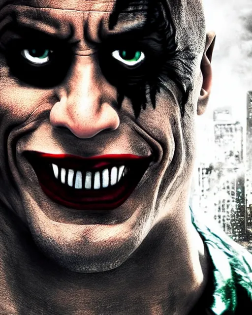 Image similar to Film still close-up shot of Dwayne The Rock Johnson as The Joker from the movie The Dark Knight. Photographic, photography