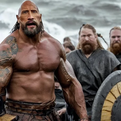 Prompt: dwayne johnson in vikings on a boat 4 k quality super realistic