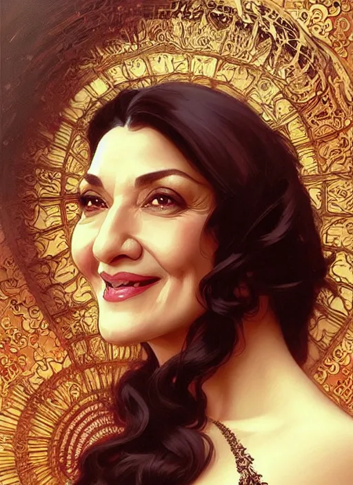 Prompt: “ shohreh aghdashloo as femme fatale smiling and winking, intricate, elegant, highly detailed, digital painting, artstation, concept art, smooth, sharp focus uhd 8 k, art by artgerm and greg rutkowski and alphonse mucha ”