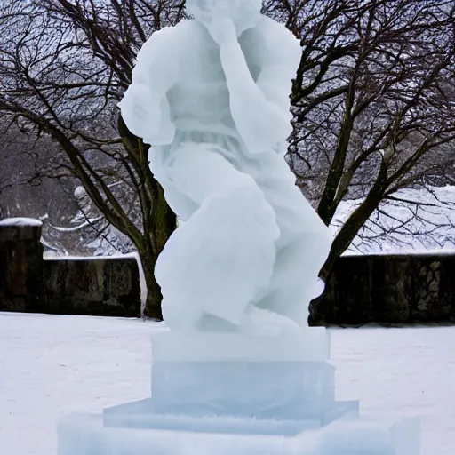 Image similar to ice sculpture of acient greek statue, outdoors, snowy, realism