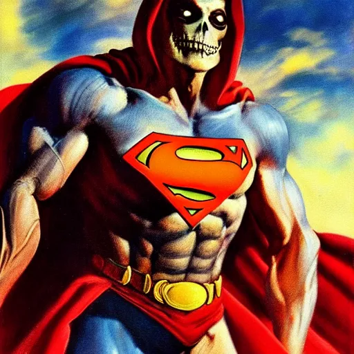 Image similar to ultra realistic portrait painting of skeletor as superman, art by frank frazetta, 4 k, ultra realistic, highly detailed, epic lighting