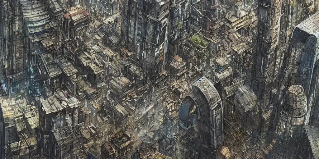 Image similar to slums below a megastructure city, megacity, sci-fi, matte painting, concept art, hyper realistic, intricate details, hyperrealism, style by dylan cole