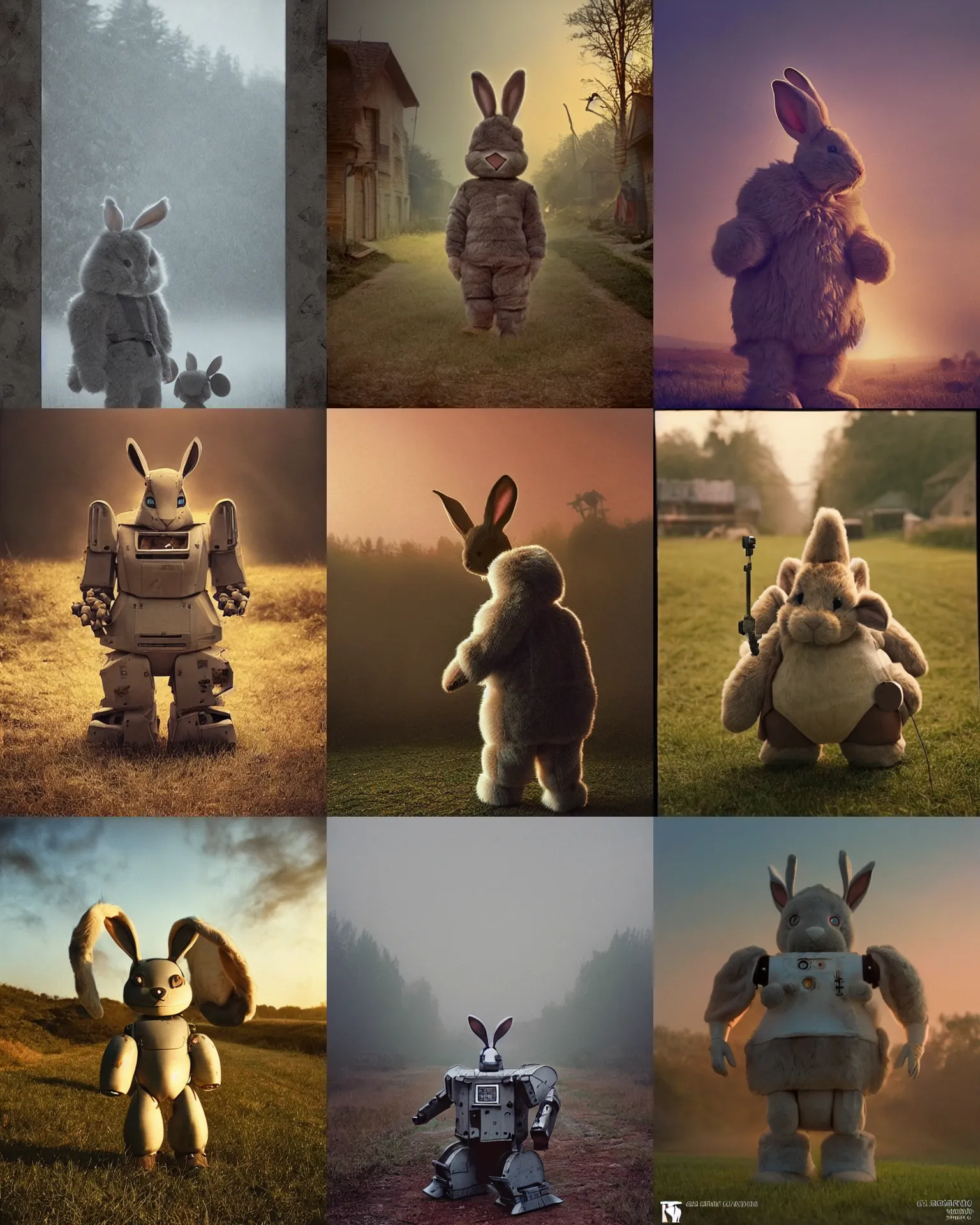 Prompt: giant oversized battle rabbit robot chubby mech baby with big ears and fur on a village, full body , Cinematic focus, Polaroid photo, vintage , sharp focus ,neutral colors, soft lights, foggy mist , sunset, by gregory crewdson!!!