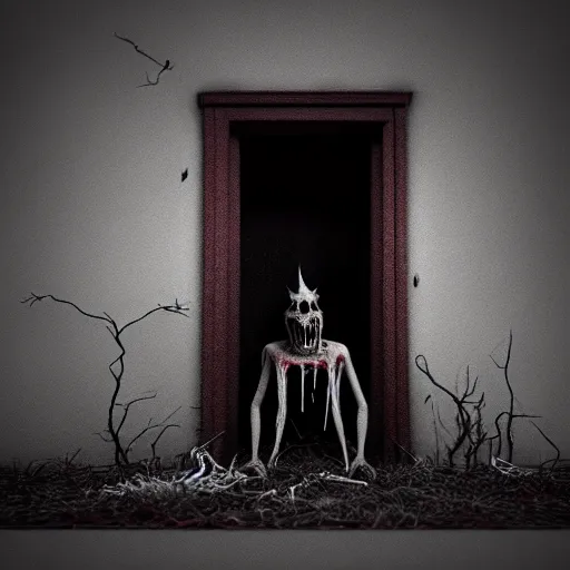 Prompt: the rake with white eyes melting through wall creepily, Octane render, eerie, horrifying, Cinema 4D, dark horror,