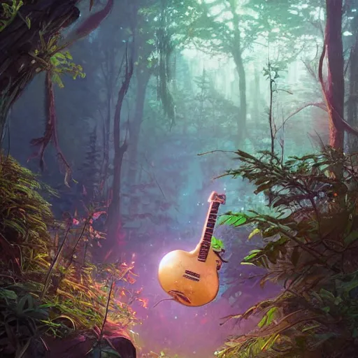 Image similar to racoon playing electric guitar in a forest, fantasy art by greg, loish, rhads, ferdinand knab, tom bagshaw, makoto shinkai and lois van baarle, rossdraws, ilya kuvshinov, night lighting, trending on studio ghibli, highly detailed, 8 k, octane render