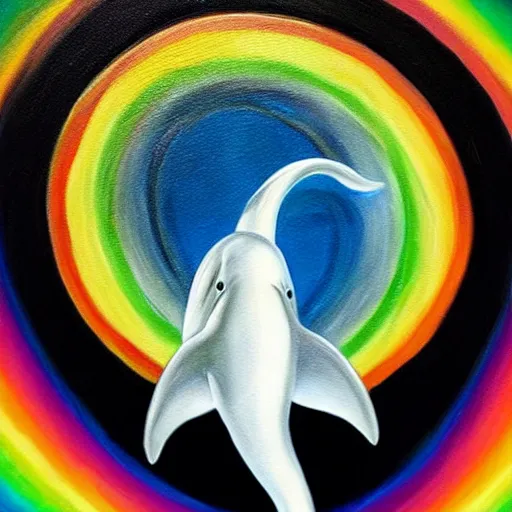 Prompt: a hyper realistic painting of the grim reaper riding a dolphin over a rainbow, highly detailed, vivid color,