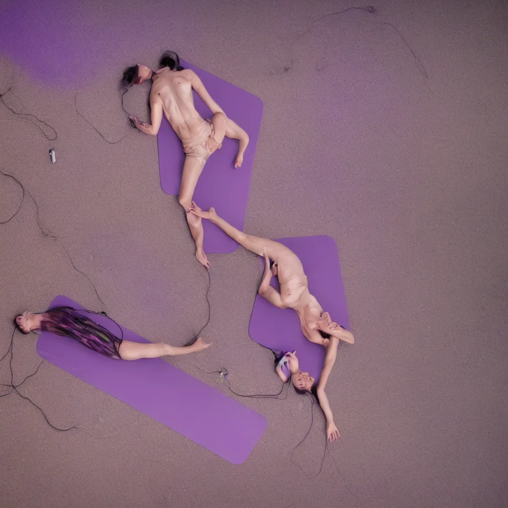 Image similar to overhead view of iridiscent oil spill in desert sand tempest with women corpses connected by cables and computers to wax forms to a buried baby relaxing on yoga mat, faded, purple gradient, dust, purple fog, depth of field, by werner herzog, hans bellmer and nadav kander, 8 k, sad atmosphere, cinematic