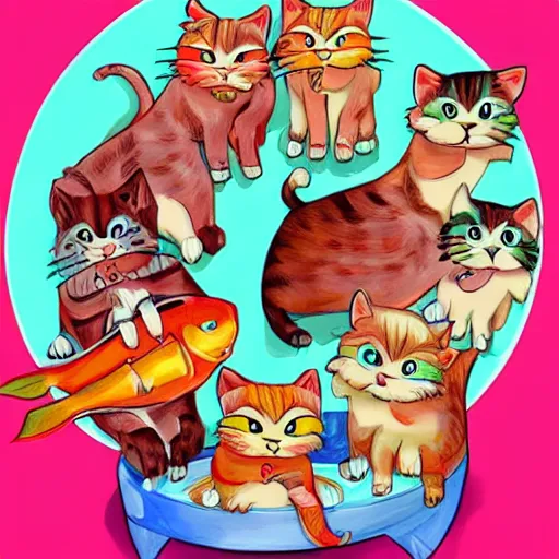 Image similar to cats slicing open fish on a platter in maiden outifts. Cute drawing, colorful deep meaning trending on artstation.