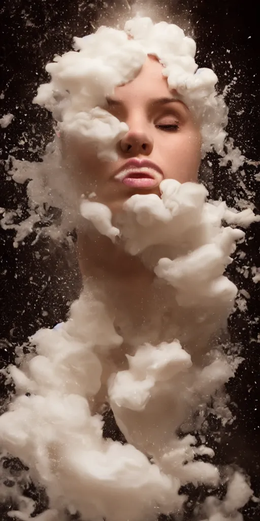 Prompt: beautiful girl made of an aggressive cream drop cloud in water