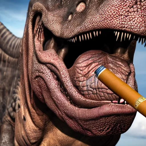 Image similar to dinosaur smoking a cigarette realistic 8 k hdr 3 5 mm