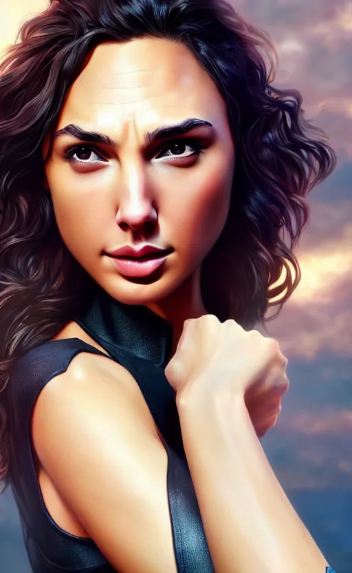 Image similar to gal gadot, hero pose, medium shot, bokeh, beautiful face!!!!, cg animation, lifelike, animated, realistic, character select portrait, by artgerm, greg rutkowski, alphonse mucha, 3 d