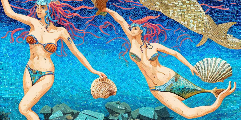 Image similar to ancient roman mosaic of bluehair mermaid with a shell bikini on sea floor, low ceiling, illustration by moebius, rhads, dan mumford, victo ngai, clean thick line, comics style