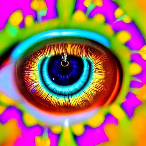 Prompt: A close-up of a human eye, with a brightly-colored iris. The background is a swirl of colors, as if seen through a kaleidoscope.