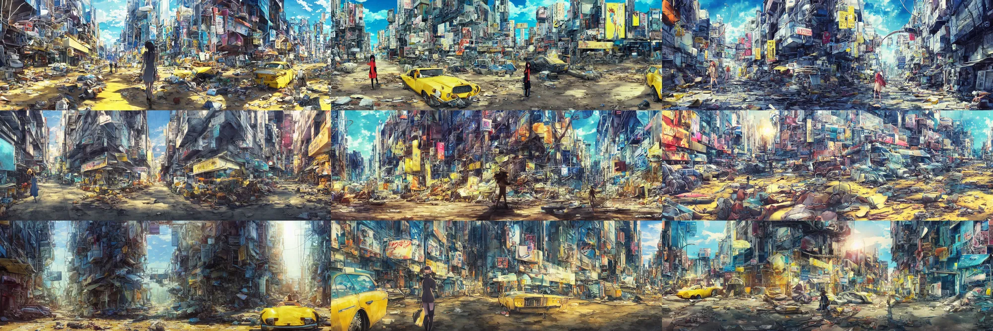 Prompt: incredible anime movie scene, ultra wide, vanishing point, hoody woman explorer, watercolor, underwater market, empty road, coral reef, billboards, harsh bloom lighting, rim light, abandoned city, paper texture, movie scene, caustic shadows, deserted shinjuku junk town, bright sun ground, wires, telephone pole, pipes, yellow, red, dusty