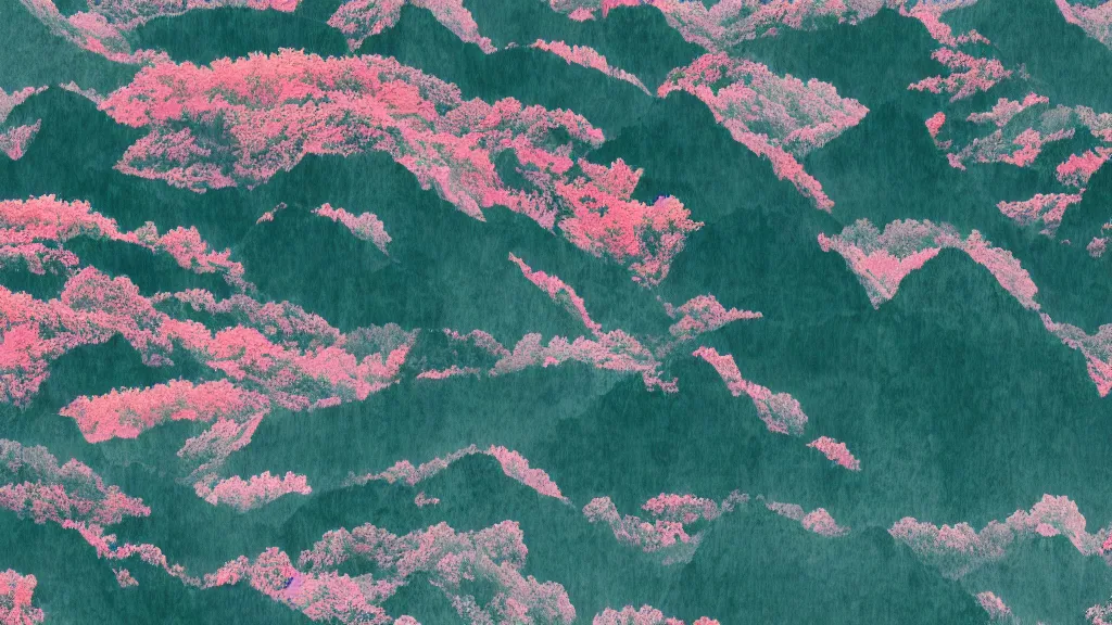 Prompt: a mountainside landscape with sakura trees, japan, a collage painting, in the style of wes anderson, lola dupre, david hockney, isolated on negative white space background dark monochrome neon spraypaint accents volumetric octane render