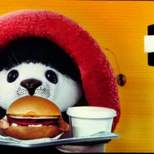 Prompt: 1980s McDonalds TV ad still for a baby seal disguised as a loaded baked potato with Danny DeVito