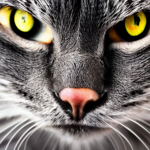 Prompt: an extreme close-up of an angry cat