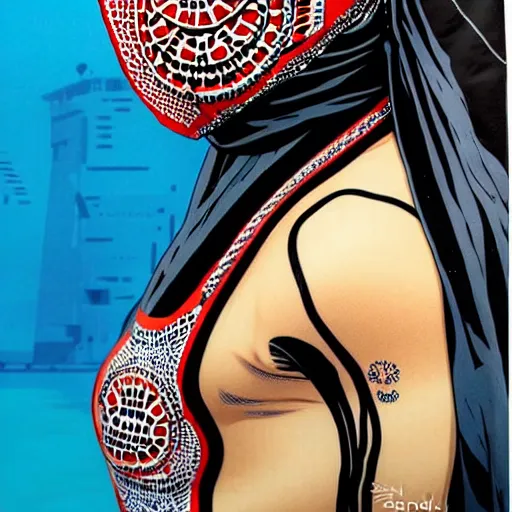 Image similar to a portrait of a saudi woman with side profile blood in ocean intricate details wearing a diver mask by MARVEL comics and Sandra Chevrier-C