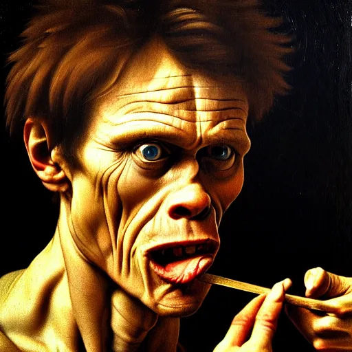 Prompt: close up portrait of willem dafoe eating an entire horse, oil painting, high detail, dark lighting, atmospheric, extremely detailed, intricate, da vinci, michelangelo, caravaggio, hans holbein, 8 k