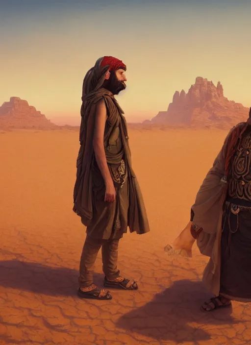 Prompt: highly detailed painting of two jews in the desert, extremely well detailed faces, unreal engine, greg rutkowski, ilya kuvshinov, ross draws, tom bagshaw, tom whalen, nicoletta ceccoli, mark ryden