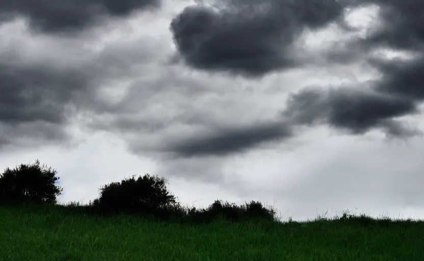 Prompt: swirling black clouds in the distance over a grassy hill