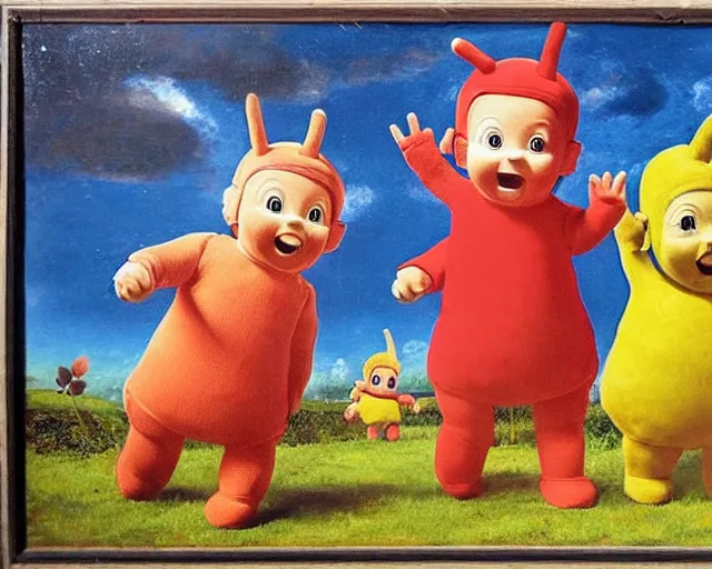 Prompt: a 1 6 0 0 s painting of the teletubbies